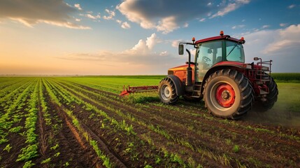 Fototapeta premium A tractor in a rural countryside as the sun sets in the background