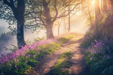 Fototapeta premium Woodland Forest Path with Bluebell Flowers and Pink Blossoms at Sunrise
