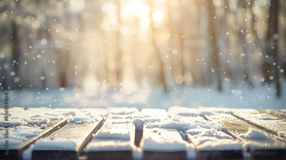 Poster vintage winter background empty wooden table blurry forest snow sunshine and bookeh effect : generat