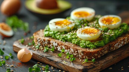 On a wooden table, toast rye bread and top it with avocado puree and hard boiled eggs