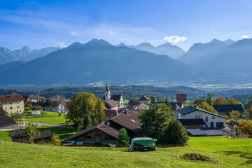 Obraz premium The village of Düns in the Walgau Valley with Rhätikon mountains, State of Vorarlberg, Austria
