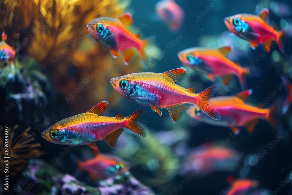 Wall mural School of Neon Tetras with glowing bodies, perfect for freshwater aquarium themes.