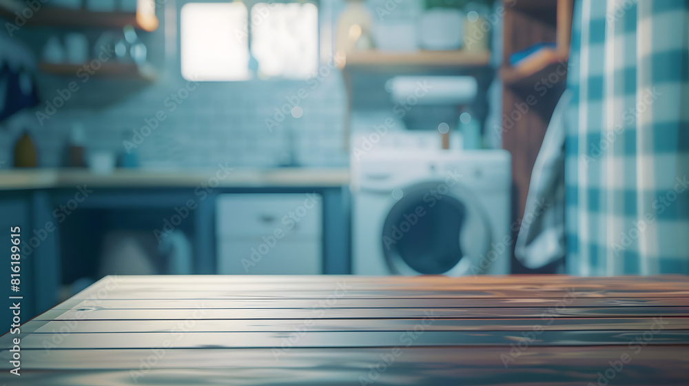 Poster Background for design with empty table on blur laundry room : Generative AI