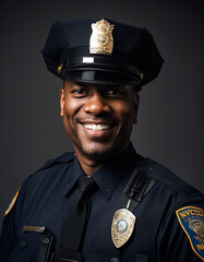 Portrait of a NYPD police officer smiling at the camera, standing against white background
