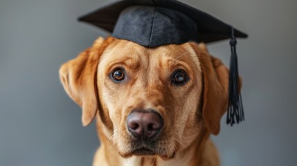Grey background with a cute labrador wearing a graduation hat