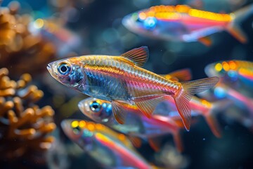 Fototapeta premium School of Neon Tetras with glowing bodies, perfect for freshwater aquarium themes.