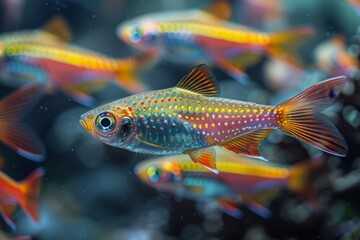 Fototapeta premium School of Neon Tetras with glowing bodies, perfect for freshwater aquarium themes.