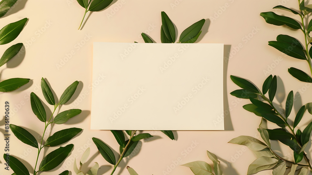 Poster white flat paper rectangle shape at center and fresh green leaves foliage isolated with empty space 