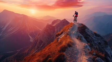 A biker cresting a rugged mountain peak at sunrise, the sky ablaze with color and the path ahead...
