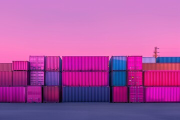 front view of transport containers stacked on each other in pink and purple colors,