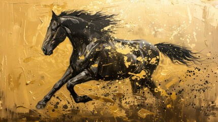 Art painting, horse, gold, gold painting, wall art, modern artwork, paint spots, paint strokes, knife painting. Large stroke oil painting, mural, art wall