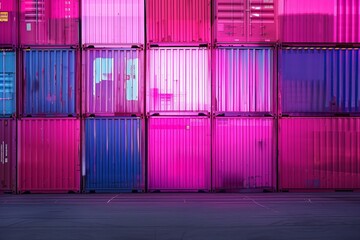 front view of transport containers stacked on each other in pink and purple colors,