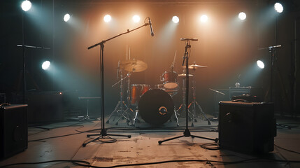 Empty illuminated stage with drumkit guitar and microphones : Generative AI