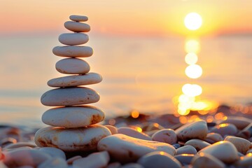 Obraz premium Peaceful. Stacked Pebbles by the Seaside Towards Sunset Symbolizing Balance and Harmony