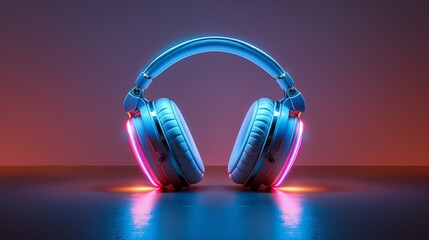 A futuristic headphone with neon lighting that reflects off of a reflective surface