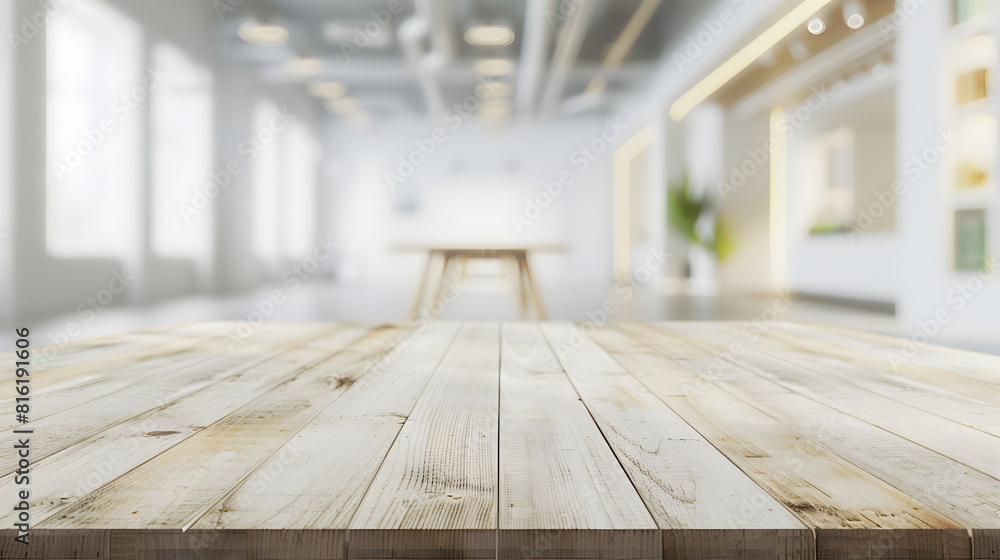 Poster empty wooden table on background of abstract blur white interior montage product display inside and window : Generative AI