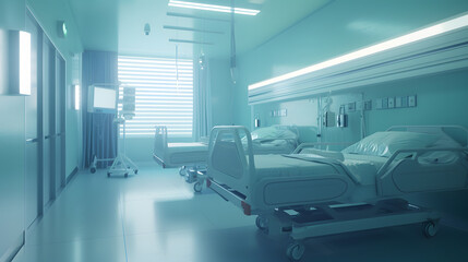 Fototapeta premium Recovery Room with beds and comfortable medical Interior of an empty hospital room Clean and empty room with a bed in the new medical center : Generative AI