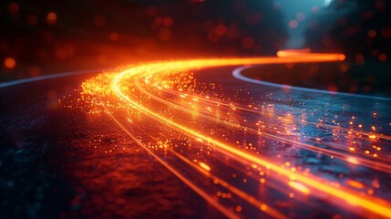 A futuristic scene with bright and animated light paths in motion on a dark background
