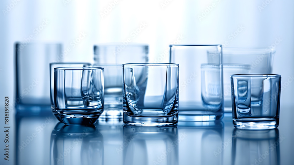Poster collection of empty glasses for alcohol and soft drinks : generative ai