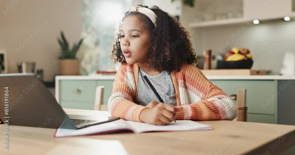 Poster Notebook, laptop and girl in kitchen for learning with child development or responsible for growth. Homework, online class and studying or writing exam with technology for maths project in youth.