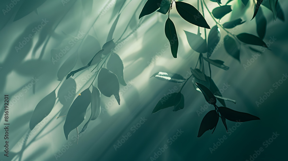 Poster Abstract shadow sun glare from glass and leaves empty background composition for product presentation Beautiful trendy background : Generative AI
