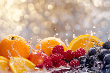 fresh fruit in water splash, Assortment of fresh fruits and water splashes on a panoramic...