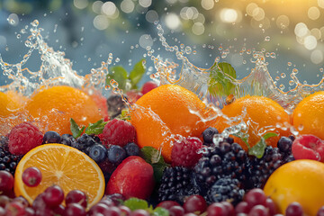 fruit in water, Assortment of fresh fruits and water splashes on a panoramic background. Dive into a refreshing oasis of flavor and vitality with this captivating scene of an assortment of fresh fruit