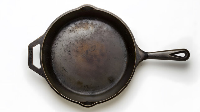Empty cast iron grill frying pan isolated on white background with clipping path Top view : Generative AI