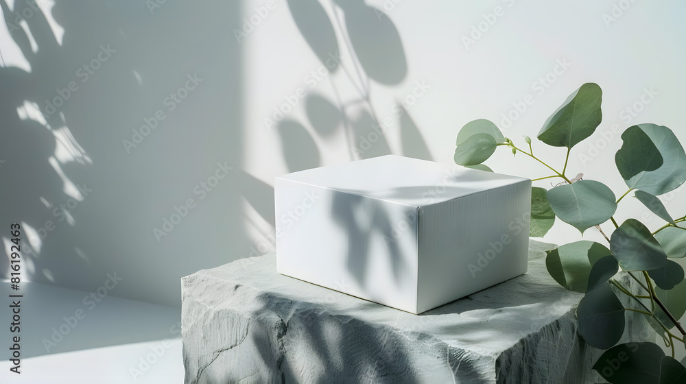 Poster White empty box on texture stones with eucalyptus on light background with shadow Podium or showcase concept for product presentation sale or advertising banner Copy space : Generative AI