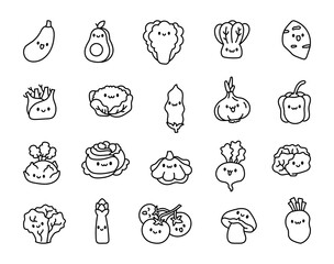 Cute cartoon vegetables. Coloring Page. Kawaii character. Hand drawn style. Vector drawing. Collection of design elements.