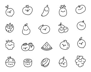 Funny cartoon fruits. Coloring Page. Kawaii character. Hand drawn style. Vector drawing. Collection of design elements.