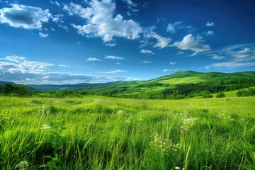Fototapeta premium Mountain Grass. Scenic Landscape with Green Meadow under Blue Skies