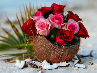Wedding bouquet of delicate red and pink rose flowers
in a vase from broken coconut
on sandy beach of ocean shore
in Maldives. Piece of paradise.