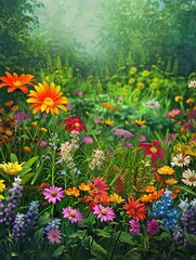 A field of colorful flowers in full bloom, creating a vibrant and lively scene. Generative AI