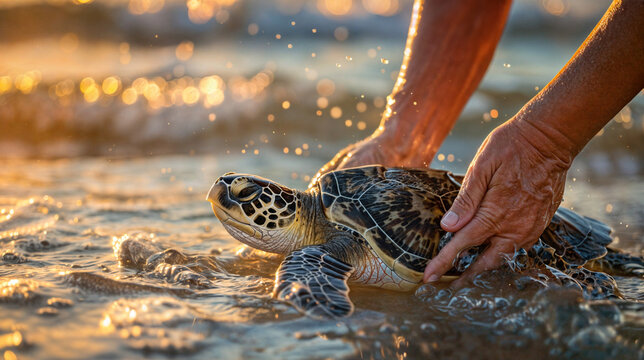 Releasing Sea Turtle into the Ocean at Sunset. Conservation Efforts and Marine Wildlife Protection. Design for Environmental Campaign, Nature Poster, and Wildlife Documentary with copy space