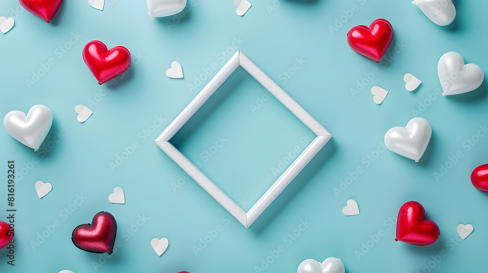 Poster valentines day holiday card red white small shiny hearts and empty frame on pastel blue background v
