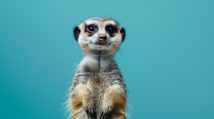 Fototapeta premium Vigilant Meerkat Standing Erect on Watch, with Deep, Soulful Eyes Against a Cool Blue Background. Funny animal for banner, flyer, poster, card with copy space