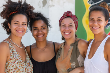 Obraz premium Four smiling women posing outdoors