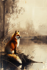 Vintage Fox at Lake: Muted Oil Painting