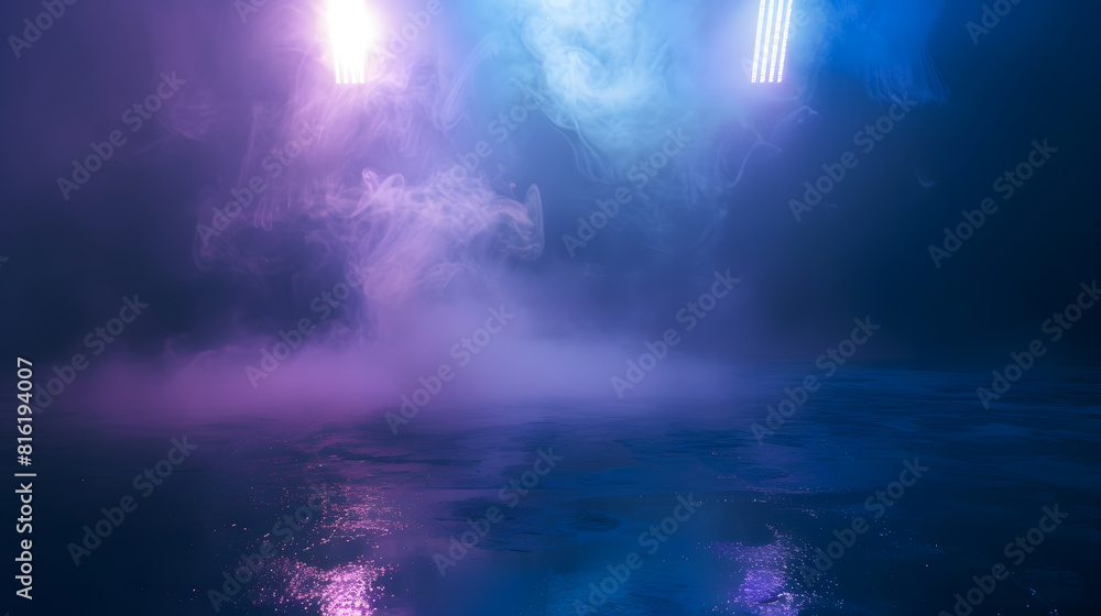 Poster Dark stage shows blue and purple background an empty dark scene laser beams neon spotlights reflection on the asphalt floor studio room with smoke floating up for display products : Generative AI
