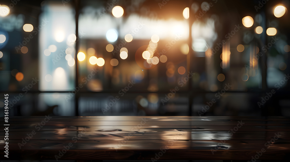Poster dark blurred background with empty table top cafe restaurant windows background for your product : Generative AI