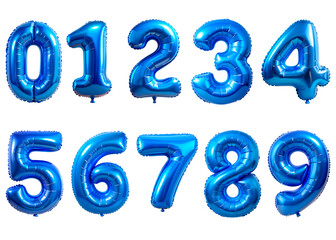 Set of metallic blue balloon numbers set, isolated on transparent background