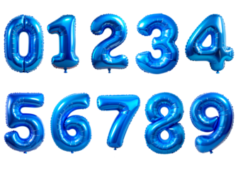 Set of metallic blue balloon numbers set, isolated on transparent background