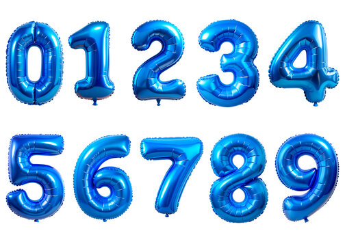 Set of metallic blue balloon numbers set, isolated on transparent background