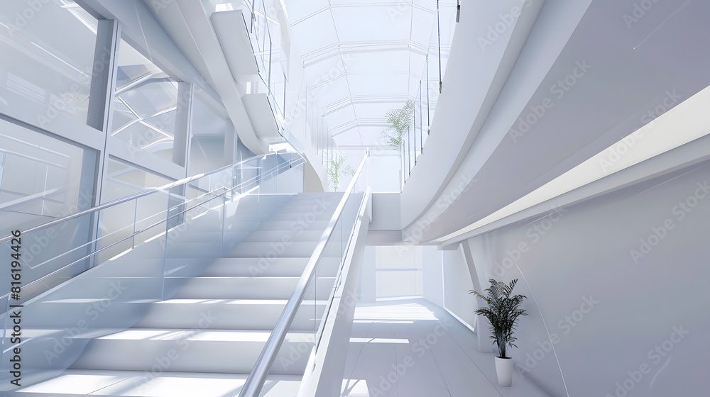 Poster bright interior hallway with modern design featuring a staircase glass railing and a skylight : gene