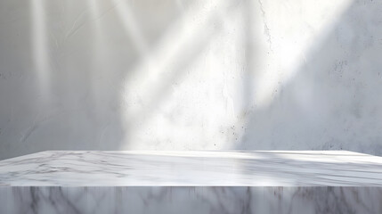 Marble Table with White Stucco Wall Texture Background with Light Beam and Shadow Suitable for Product Presentation Backdrop Display and Mock up : Generative AI