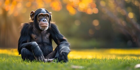 Chimpanzee sitting on the grass in the park at sunset - Powered by Adobe