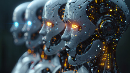 Fototapeta premium Detailed Close-Up of Futuristic Robot Faces with Illuminated Eyes, Highlighting Advanced Robotics and Artificial Intelligence