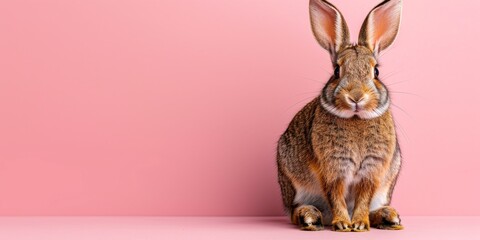 Portrait of a brown rabbit on a pink background. Bright and cute photography for cards and prints