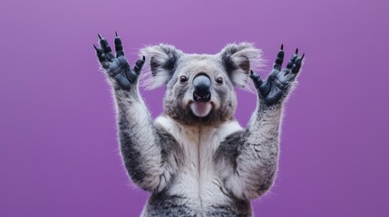 Fototapeta premium An Ecstatic Koala with Arms Raised High, Ears Perked, and Mouth Open in Delight, against a Vivid Purple Backdrop. Funny animal for banner, flyer, poster, card with copy space
